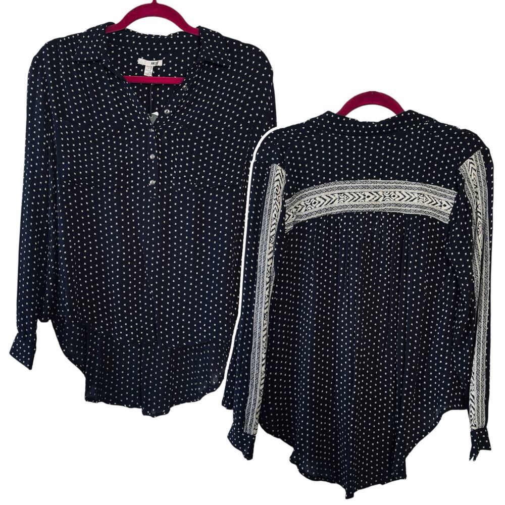 Amuse Society Black X Print Long Sleeve Partial Button Up Shirt Women’s XS NEW